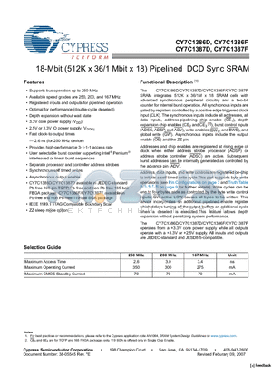 CY7C1386D-167AXI datasheet - 18-Mbit (512K x 36/1 Mbit x 18) Pipelined DCD Sync SRAM