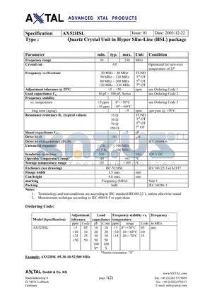 AX52HSL datasheet - Quartz Crystal Unit in Hyper Slim-Line (HSL) package