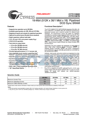 CY7C1386D-167BZC datasheet - 18-Mbit (512K x 36/1 Mbit x 18) Pipelined DCD Sync SRAM