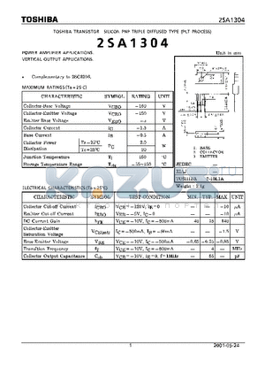 2SA1304 datasheet - TRANSISTOR (POWER AMPLIFIER, VERTICAL OUTPUT APPLICATIONS)