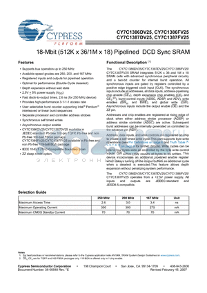 CY7C1386DV25-167BZC datasheet - 18-Mbit (512K x 36/1M x 18) Pipelined DCD Sync SRAM