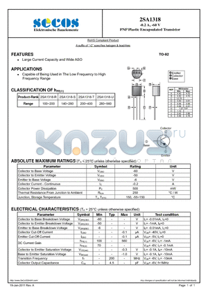 2SA1318 datasheet - PNP Plastic Encapsulated Transistor