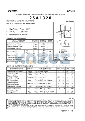 2SA1320 datasheet - TRANSISTOR (HIGH VOLTAGE SWITCHING, COLOR TV CHROMA OUTPUT APPLICATIONS)