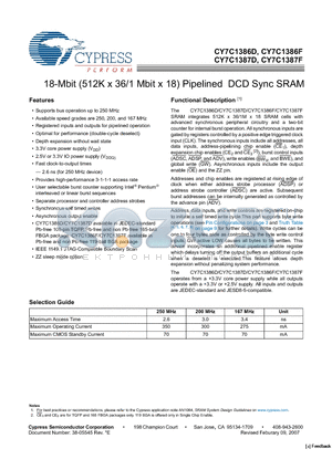 CY7C1386F-250BGXC datasheet - 18-Mbit (512K x 36/1 Mbit x 18) Pipelined DCD Sync SRAM