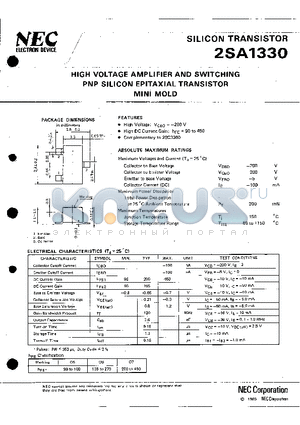 2SA1330 datasheet - HIGH VOLTAGE AMPLIFIER AND SWITCHING PNP SILICON EPITAXIAL TRANSISTOR MINI MOLD