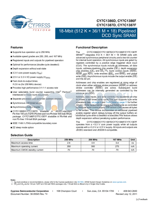 CY7C1387D-167AXC datasheet - 18-Mbit (512 K x 36/1 M x 18) Pipelined DCD Sync SRAM