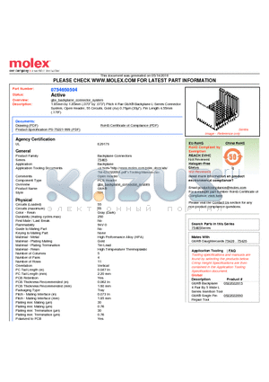 0754650504 datasheet - 1.85mm by 1.85mm (.073 by .073) Pitch 4 Pair GbX^ Backplane L-Series Connector System, Open Header, 55 Circuits, Gold (Au) 0.76lm (30l)