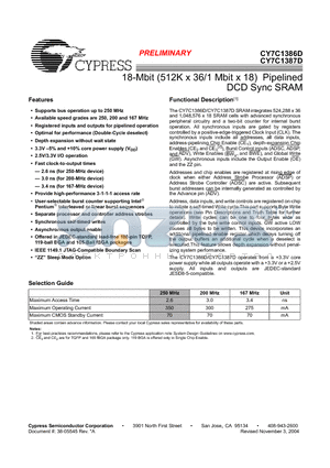 CY7C1387D-200BGC datasheet - 18-Mbit (512K x 36/1 Mbit x 18) Pipelined DCD Sync SRAM