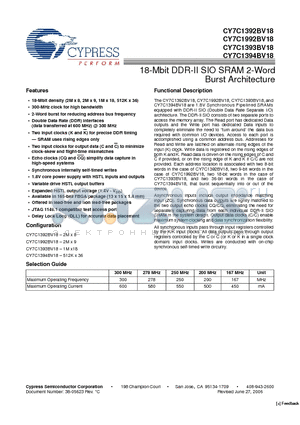 CY7C1392BV18-300BZXI datasheet - 18-Mbit DDR-II SIO SRAM 2-Word Burst Architecture