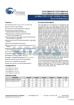 CY7C1392CV18-200BZC datasheet - 18-Mbit DDR-II SIO SRAM 2-Word Burst Architecture