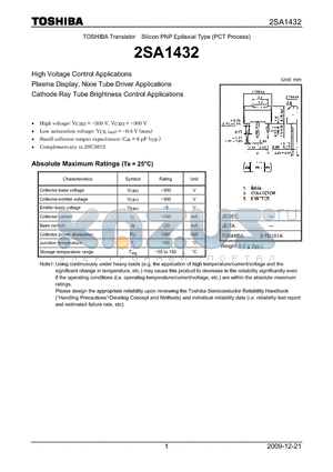 2SA1432 datasheet - High Voltage Control Applications Plasma Display, Nixie Tube Driver Applications Cathode Ray Tube Brightness Control Applications