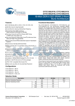 CY7C1392JV18-250BZXI datasheet - 18-Mbit DDR-II SIO SRAM 2-Word Burst Architecture