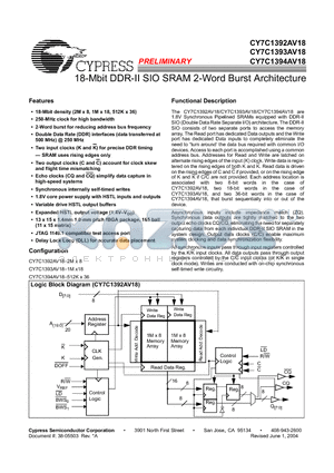 CY7C1393AV18 datasheet - 18-Mbit DDR-II SIO SRAM 2-Word Burst Architecture