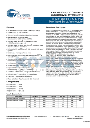 CY7C1392KV18 datasheet - 18-Mbit DDR II SIO SRAM Two-Word Burst Architecture