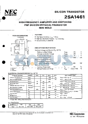 2SA1461 datasheet - HIGH FREQUENCY AMPLIFIER AND SWITCHING PNP SILICON EPITAXIAL TRANSISTOR MINI MOLD