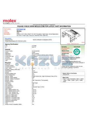 0757830120 datasheet - 0.80mm (.031) Pitch, iPass I/O SMT Receptacle, Right Angle, Internal Application, 36 Circuit, 0.76lm (30l) Gold (Au), Retention Shell, Right Key