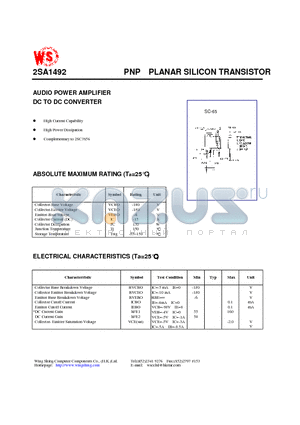 2SA1492 datasheet - PNP PLANAR SILICON TRANSISTOR(AUDIO POWER AMPLIFIER DC TO DC CONVERTER)