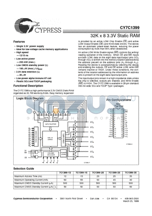 CY7C1399 datasheet - 32K x 8 3.3V Static RAM