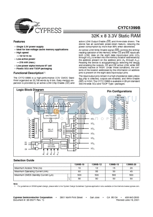 CY7C1399B-12VC datasheet - 32K x 8 3.3V Static RAM