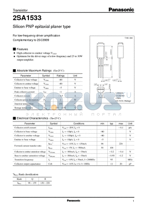 2SA1533 datasheet - Silicon PNP epitaxial planer type