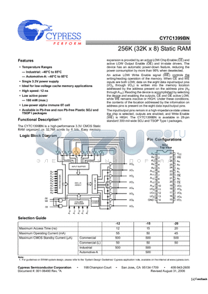 CY7C1399BN-12VXI datasheet - 256K (32K x 8) Static RAM