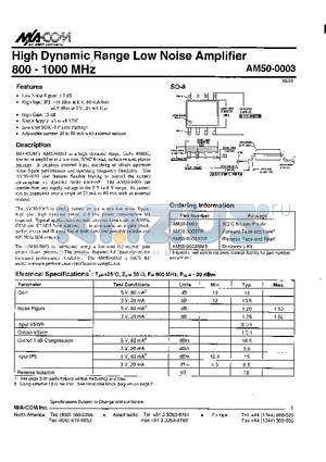 AM50-0003 datasheet - High Dynamic Range Low Noise Amplifier 800-1000 MHz