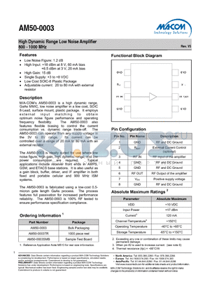AM50-0003 datasheet - High Dynamic Range Low Noise Amplifier 800 - 1000 MHz