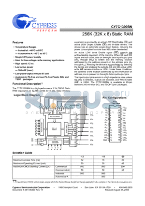 CY7C1399BNL-15VXC datasheet - 256K (32K x 8) Static RAM
