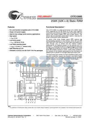 CY7C1399D-10VXI datasheet - 256K (32K x 8) Static RAM