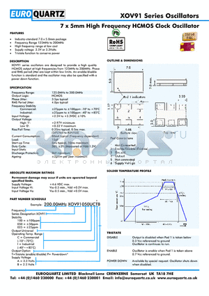 200.00XOV91025CPB datasheet - 7 x 5mm High Frequency HCMOS Clock Oscillator