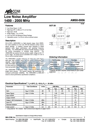 AM50-0006V2 datasheet - Low Noise Amplifier 1400 - 2000 MHz