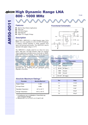 AM50-0011TR datasheet - High Dynamic Range LNA 800 - 1000 MHz