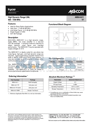 AM50-0011TR datasheet - High Dynamic Range LNA, 800-1000 MHz