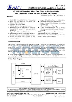 AX88196 datasheet - 10/100BASE 3-in-1 Local CPU Bus Fast Ethernet Controller with Embedded SRAM