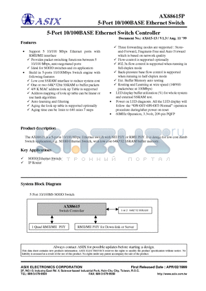 AX88615 datasheet - 5-Port 10/100BASE Ethernet Switch