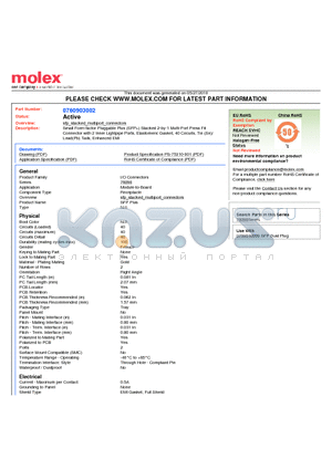 0760903002 datasheet - Small Form-factor Pluggable Plus (SFP) Stacked 2-by-1 Multi-Port Press FitConnector with 2 Inner Lightpipe Ports, Elastomeric Gasket, 40 Circuits, Tin (Sn)/