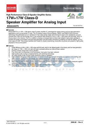 BD5423AEFS datasheet - 17W17W Class-D Speaker Amplifier for Analog Input