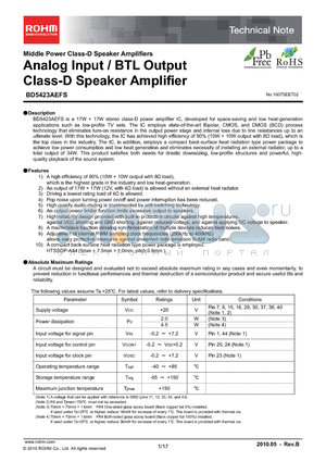 BD5423AEFS datasheet - Analog Input / BTL Output Class-D Speaker Amplifier