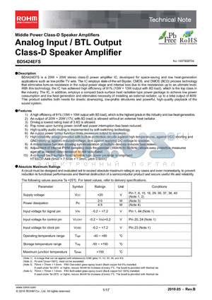 BD5424EFS datasheet - Analog Input/BTL Output Class-D Speaker Amplifier