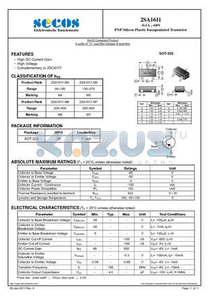 2SA1611 datasheet - PNP Silicon Plastic Encapsulated Transistor