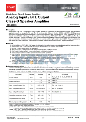 BD5426EFS datasheet - Analog Input / BTL Output Class-D Speaker Amplifier