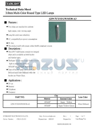 1259-7UYSYGW/S530-A3 datasheet - 3.0mm Multi-Color Round Type LED Lamps