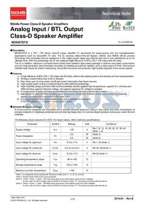 BD5427EFS datasheet - Analog Input / BTL Output Class-D Speaker Amplifier