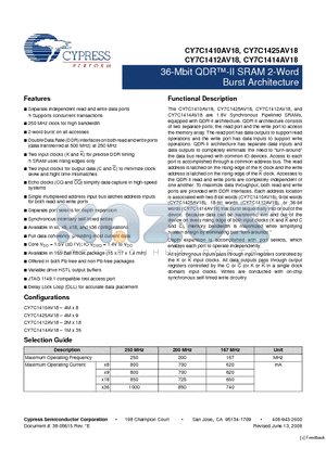 CY7C1410AV18-200BZXC datasheet - 36-Mbit QDR-II SRAM 2-Word Burst Architecture