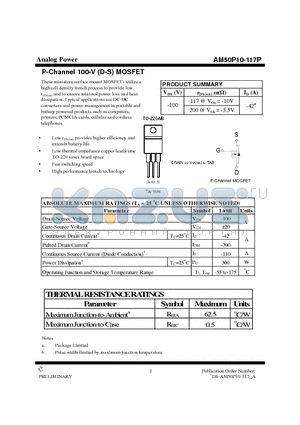 AM50P10-117P datasheet - P-Channel 100-V (D-S) MOSFET