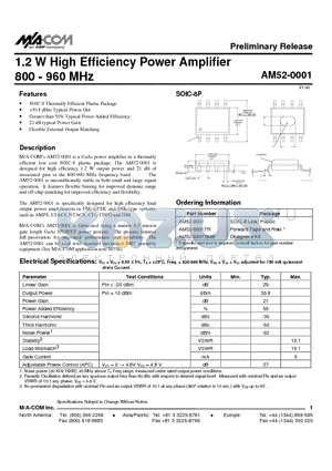 AM52-0001TR datasheet - 1.2 W High Efficiency Power Amplifier 800 - 960 MHz