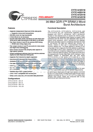 CY7C1410V18-250BZC datasheet - 36-Mbit QDR-II SRAM 2-Word Burst Architecture