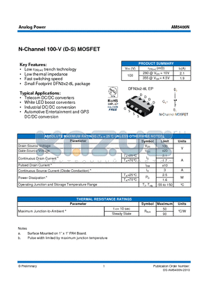 AM5400N datasheet - N-Channel 100-V (D-S) MOSFET