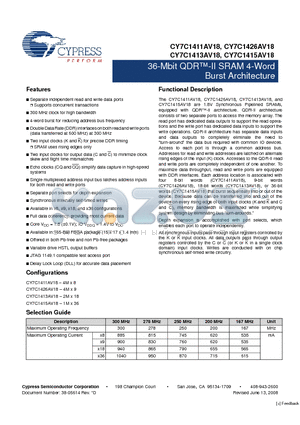 CY7C1411AV18-278BZC datasheet - 36-Mbit QDR-II SRAM 4-Word Burst Architecture