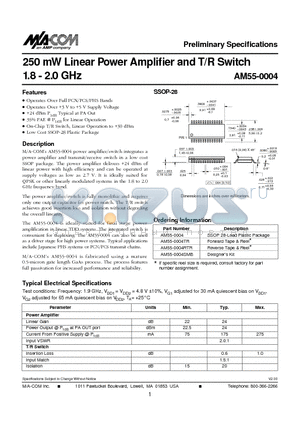 AM55-0004RTR datasheet - 250 mW Linear Power Amplifier and T/R Switch 1.8 - 2.0 GHz